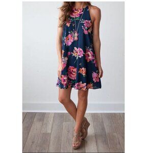 Anthropologie by Everly Isolde Chiffon Sleeveless Halter Shift Dress, S, Navy